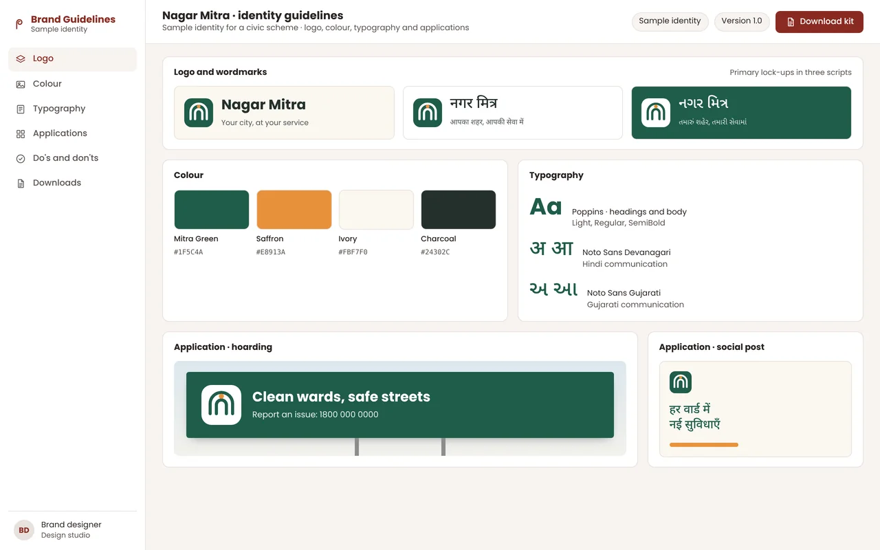 Brand guidelines screen for a sample civic scheme identity with logo lock-ups in English, Hindi and Gujarati, a colour palette, typography and hoarding and social post applications