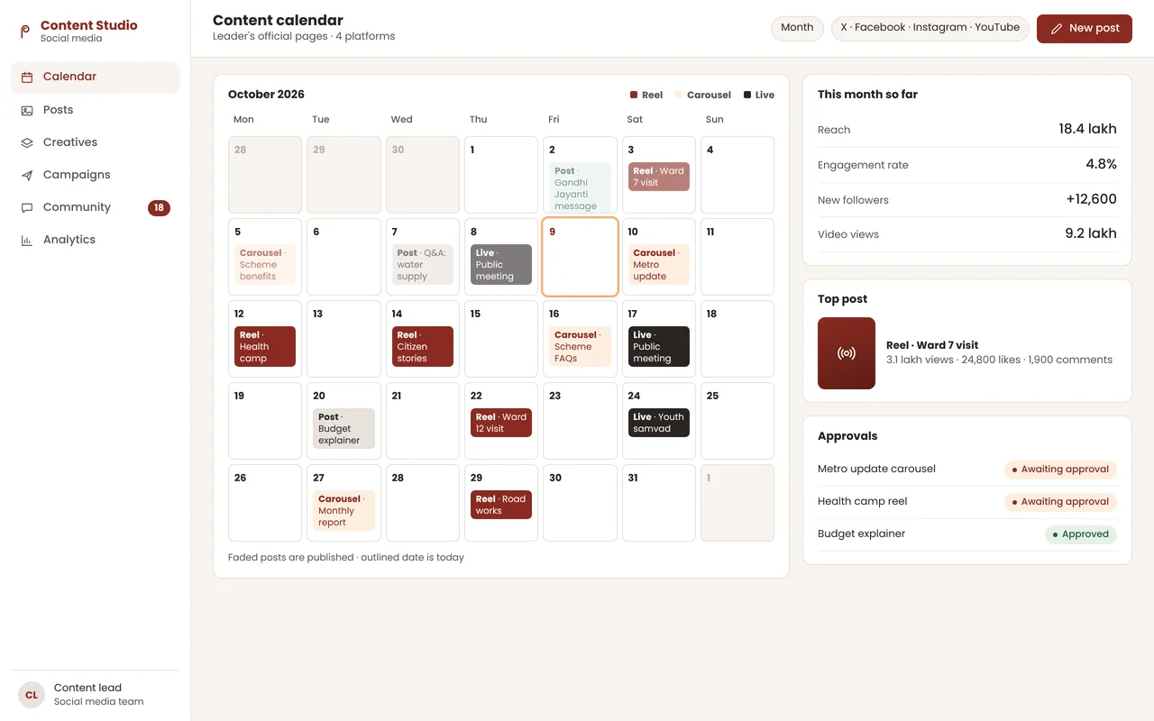 Social media content calendar for October showing scheduled reels, carousels and live sessions, monthly reach and engagement, and pending approvals